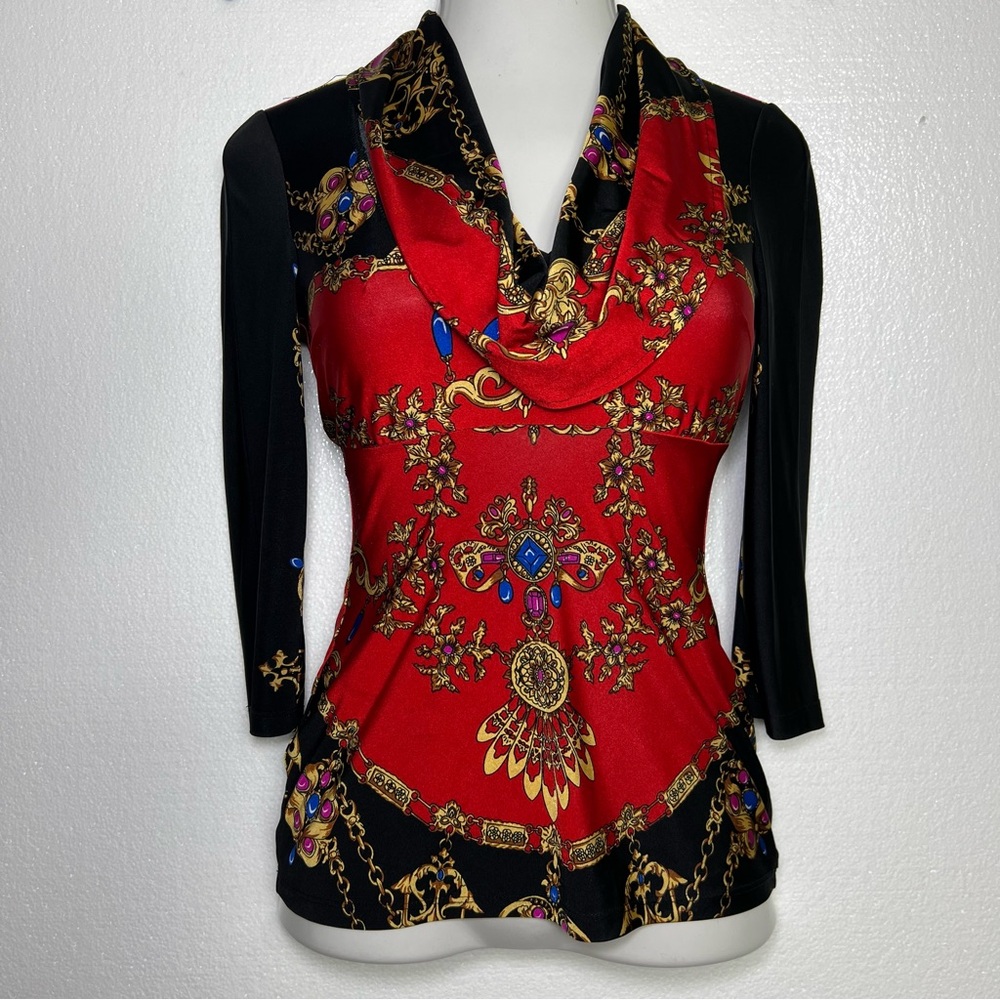 Cache vintage baroque inspired fitted silhouette stretchy blouse top size XS